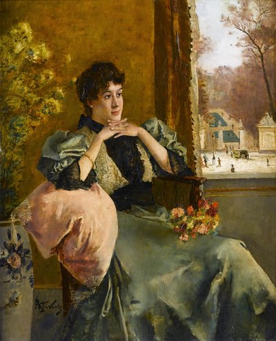 Nachdenkliche Frau am Fenster von Alfred Emile Stevens